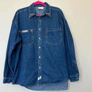 Elizabeth Collier Vintage Denim Button Down Shacket Size Large Silver Jeweled